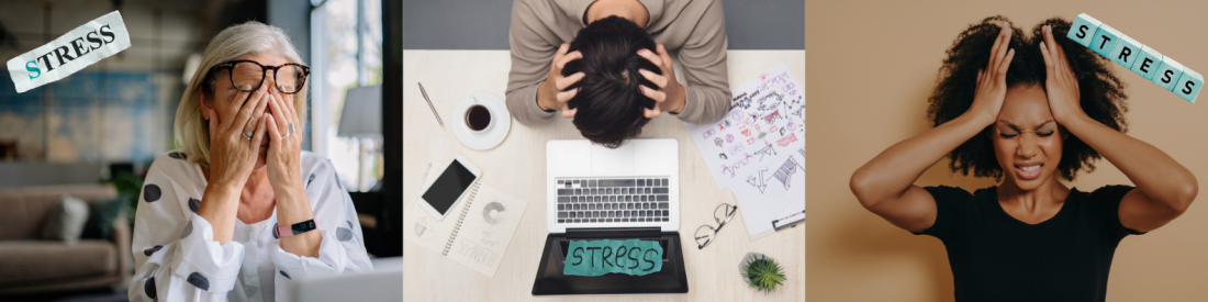 Three stressed individuals illustrating the effects of stress on mental health and the gut microbiota