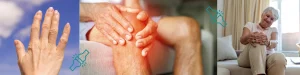 Three joint pain scenarios: hand with visibly swollen finger joints, person massaging an inflamed knee, senior woman sitting while holding her painful knee.